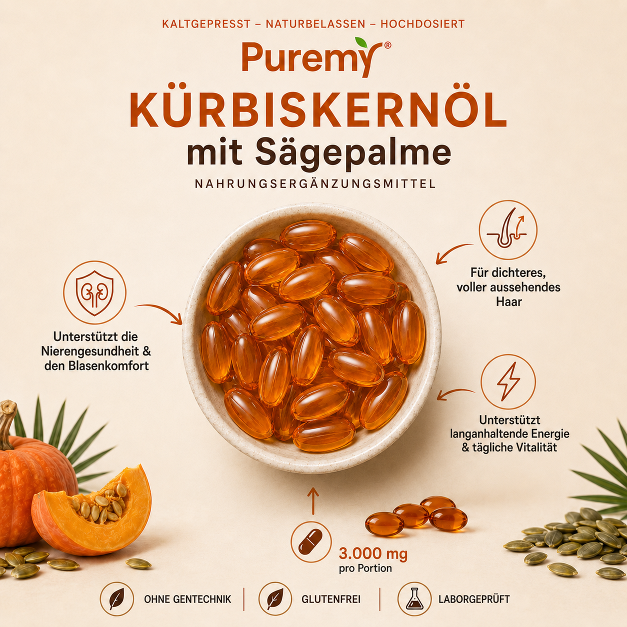 KÜRBISKERNÖL mit Sägepalme - Weniger Haarausfall und eine Verbesserung der Blasengesundheit innerhalb von drei Wochen